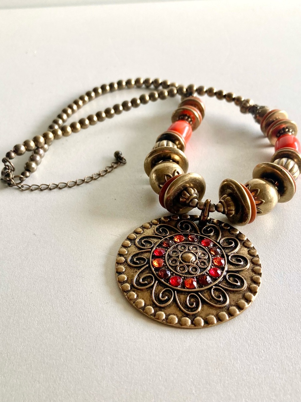 Boho Red and Gold Statement Pendant Necklace - Picture 2 of 7